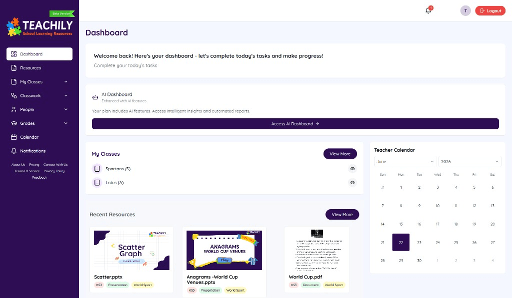 Teachily teacher dashboard
